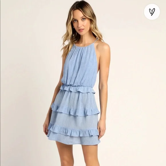 Lulus | Dresses | Lulus Brunch On The Terrace Chambray Blue Tiered Mini  Dress Size L Nwt | Poshmark